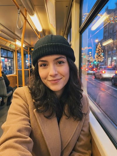 Czarna czapka w tramwaju