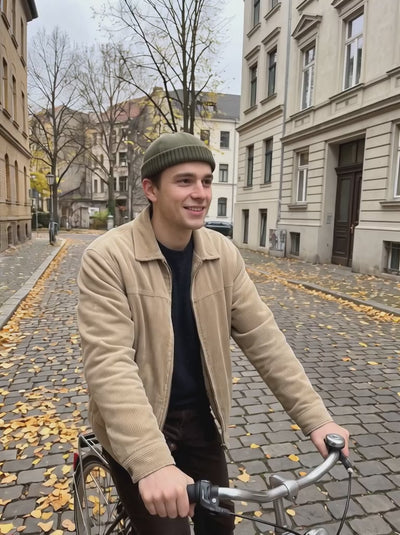 Oliwkowa czapka na rowerze